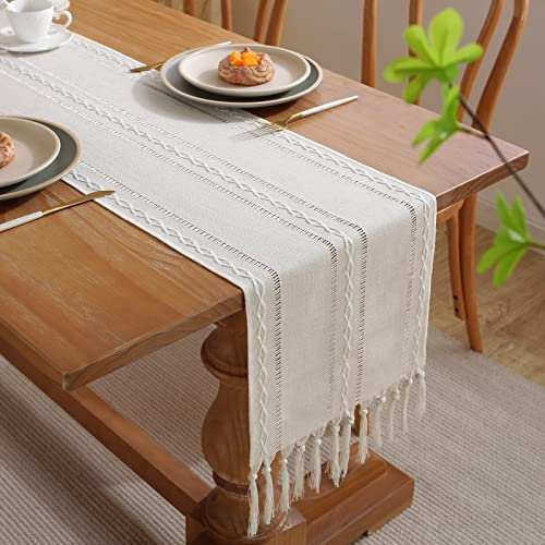 CHUQING Tischläufer weiß landhausstil Boho Tisch Läufer mit Quasten rustikal Table Runner,32x170 cm,Weiss