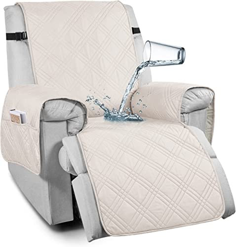 LINGKY Sesselschoner Sesselauflage Relax mit Taschen, Fernsehsessel Schutzbezug 100% wasserdichte, Relaxsessel Bezüg Sesselüberzug für Zuhause mit Kindern und Haustieren Hund (Beige,1-Sitzer/Stuhl)