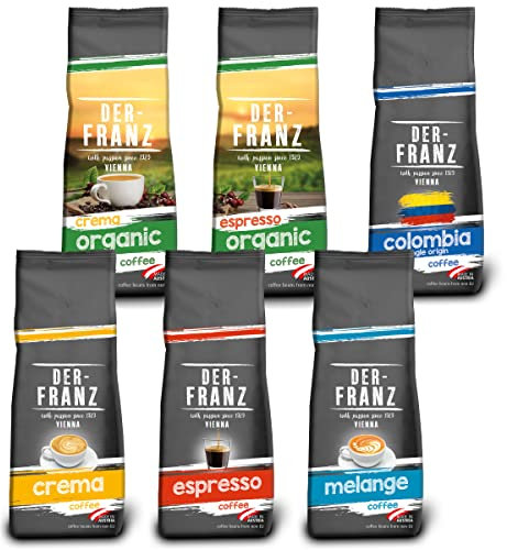 Der-Franz Café Pack, en grains, 6 x 500 g (1 x Crema, 1 x Espresso, 1 x Melange, 1 x Colombie, 1 x Espresso bio, 1 x Crema bio)