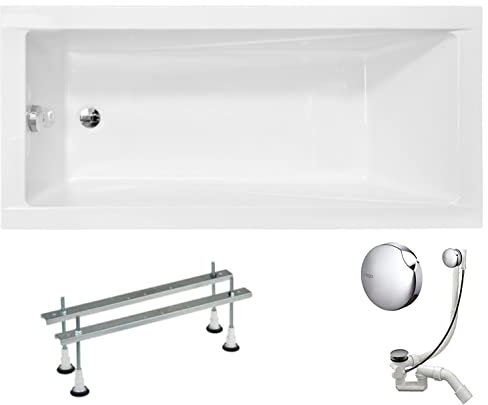 VBChome Acryl Badewanne 130x70 cm Weiß Rechteck Wanne Siphon Wannenfüße Design Modern Ablaufgarnitur in Chrom