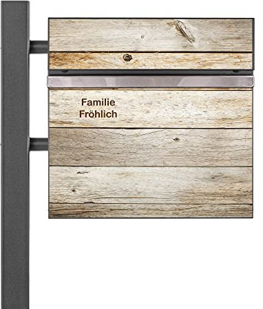 banjado® Standbriefkasten Anthrazit mit Namensschild Graues Holz & Zeitungsfach/Briefkasten mit Standfuß in Anthrazit/Postkasten A4 Einwurf inkl. Montagematerial & 2 Schlüsseln