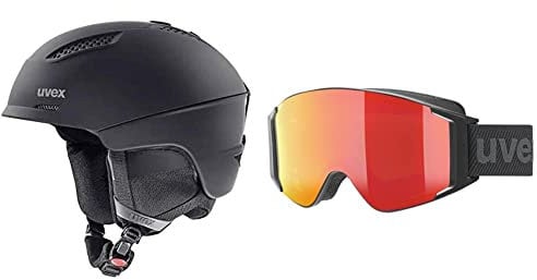 uvex Unisex - Erwachsene, Ultra Skihelm, Black mat, 55-59 cm & Unisex – Erwachsene, g.gl 3000 to Skibrille, inkl. Wechselscheibe, Black matt/red-lasergold lite, one Size