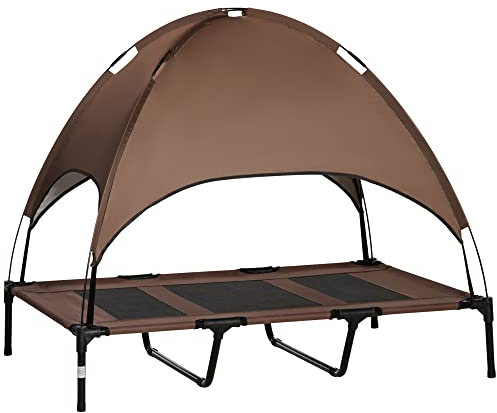 PawHut Cama Elevada para Mascotas Portátil con Toldo Extraíble Tela Transpirable al Aire Libre para Interior y Exterior 122x92x108 cm Café