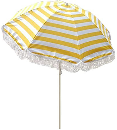 YFZNWHX 1.8m Sonnenschirm Mit Fransen, Strandschirm, Gartenschirm, Sonnenschutz, Gelb-weiß Gestreift, Tragbares Polyester Sonnendach, Glasfaserstäbe, Kippmechanismus, Für Strand, Garten, Balkon, Pool