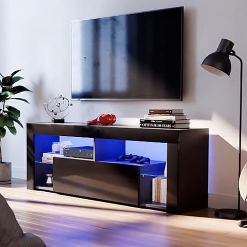 SUNXURY TV Board Schwarz TV Lowboard mit LED-Leuchten Fernsehschrank Fernsehtisch mit Glasregal Sideboard Schrank TV Möbel Tisch Board (BxTxH) 140 x 35 x 50,5 cm