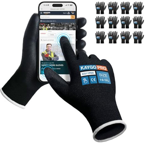 KAYGO 12 Paar Arbeitshandschuhe Touchscreen PU beschichtet Schutzhandschuhe, antirutsch Griff an Handflächen und Fingern, Geeignet für DIY allgemeine Arbeit Gartenarbeit (Schwarz, XL, Gr 10)