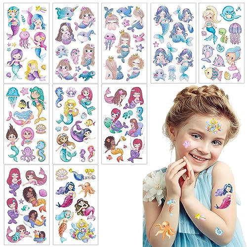 VIKY® Glitzer Tattoo Set Meerjungfrau, 10 Blatt Temporäre Kindertattoos Hautfreundlich, Mermaid Tattoo Mädchen, Wasserfest Klebetattoos, Mitbringsel Kindergeburtstag
