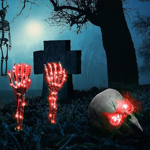 Neusky Halloween Deko Outdoor, Ground Breaker Totenschädel und Knochenhände Set, Skelett Arm Gartenstecker mit LED + Halloween Totenkopf mit LED Augen (EIN Kopf, Zwei Hände) (Rot)
