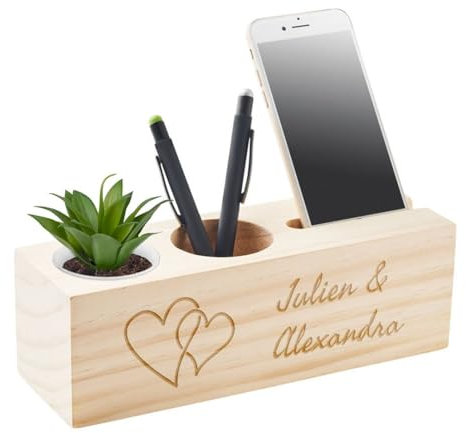 Organiseur de Bureau en Bois personnalisé gravé – Pot Crayons, Plante et Support téléphone – Organiseur écoloqique avec Texte gravé
