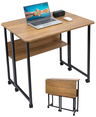 Fiutazge Schreibtisch klappbar,klapptisch mit Rollen und Regal, klappschreibtisch aus MDF Holzwerkstoffen und Stahlrahmen,Computertisch für Zuhause, Büro,Picknick,Garten,Braun 80 x 58 x 75cm
