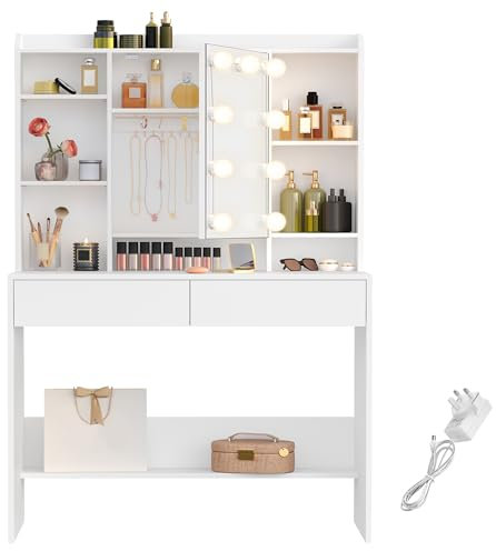 VASAGLE Dressing Table with LED Lights, 9 Bulbs, 3 Light Colours, Adjustable Brightness, Vanity Desk with Mirror, Adjustable Shelves, 2 Drawers, Makeup Desk, Modern, White RDT126W02
