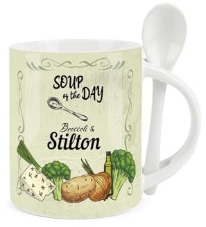 Purely Home Soup Mug and Spoon Set - Broccoli and Stilton Soup of The Day - Ceramic White and Green Soup Mug with Spoon in Handle