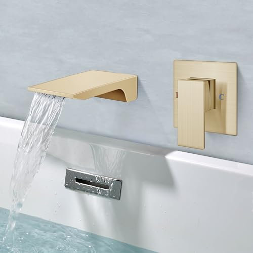 Aolemi Robinet de salle de bain mural à poignée unique avec bec cascade en laiton - Valve brute incluse, or brossé