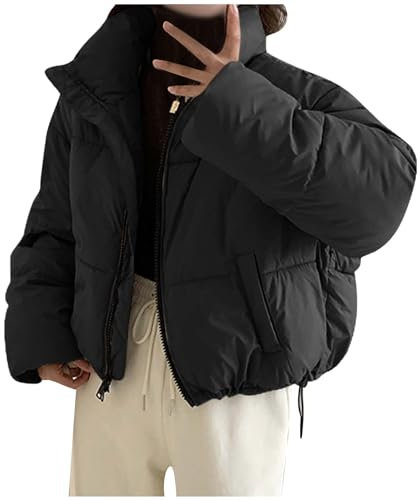 Womens Baggy Fluffy Down Coats Winter Thicken Cotton-Padded Clothes Y2K Teen Girls Cropped Puffer Jacket Thermal Down/UK Size/Teenage Girls Ladies Clothes Black