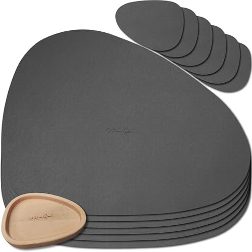 Mahewa® 6er Set Premium Tischset aus Kunstleder - Platzset abwaschbar und wasserdicht - Platzdeckchen Telleruntersetzer in Lederoptik (Dunkelgrau, Oval mit Halter)