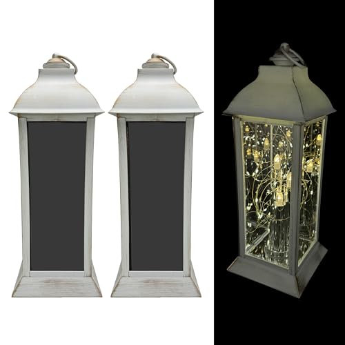 LED Laternen mit 3 integrierten Stabkerzen, LED Lichterkette, Timer und Funkeleffekt zuschaltbar - Outdoor geeignet, für draußen (2 x Weiß)