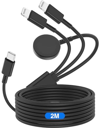 Qzvoo Cable de carga 3 en 1 para Apple Watch y iPhone 2M, certificado MFi, cable de carga rápida USB C para iWatch Serie 10/9/8/7/6/5/4/3/Ultra/Ultra2/SE y iPhone 14/13/12/11 – Negro