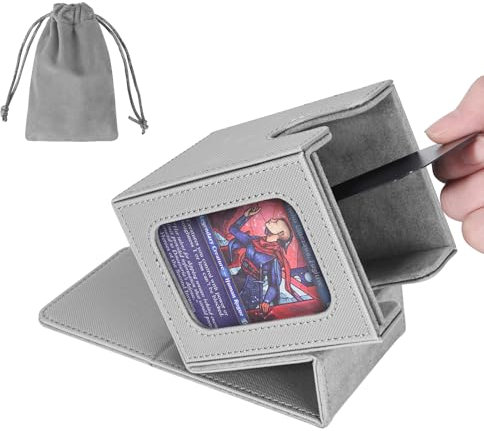 AFIING MTG Deck Box for Commander Display,Card Deck Box Fits 100 Double Sleeved Cards, Magic Commander TCG Card Storage Box with 2 Dividers,Drawstring Bag and 1 Toploader(Silver/grey)