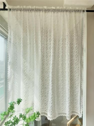 Vordesack Jacquard Scheibengardine mit zarten Floral Muster Sanfte Landhausstil Bistrogardine mit Stangendurchzug Gardine mit Spitzenkante 1 Stück Weiß HxB 100x100cm