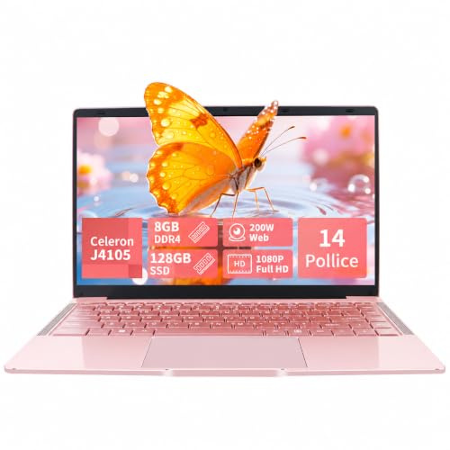 LONGEVINCE PC Portatile 14 Pollici, Notebook Full HD 1920x1080, Celeron J4105, Win11 pro, Computer Portatile Leggero e Sottile, Tastiera Italiana, Mini HDMI, Mouse Wireless (Oro Rosa 6GB DDR4 +128GB)