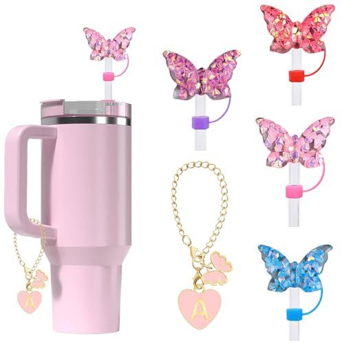 MENGSOOD Tapa de popote para taza Stanley, tapa de silicona reutilizable compatible con vasos Stanley de 30 y 40 onzas con asa, tapas de punta de popote para Stanley (4 mariposas brillantes)