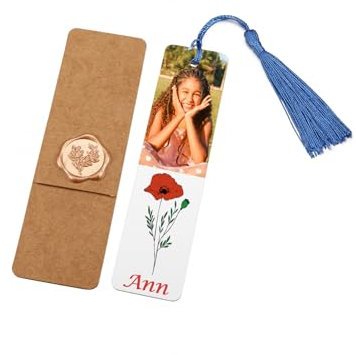 GEHECRST Personalisiert Lesezeichen mit Foto Gravur Metall Bookmark Blau Quasten Buchzeichen Handgefertigt Buch Zubehör Personalisiert Geschenk für Lehrer Schüler Leser Damen Herren (1 Foto)