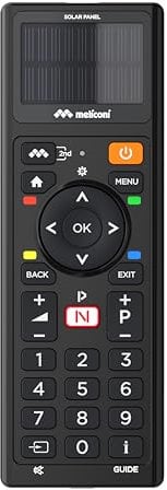 Meliconi, Solar TV, Telecomando Universale Ecosostenibile, Senza Batterie Usa e Getta, con Ricarica Solare o Tramite USB, Funzionalità Avanzate, Compatibile con Gran Parte delle TV