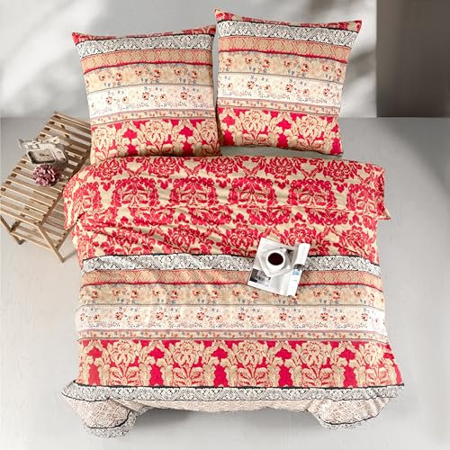 ZIRVEHOME Bettwäsche 135x200 Rot 2-teilig Baumwolle Bettwäsche Kuschelig & Warm Bettbezug im orientalischen Stil mit Blumen, Blatt Muster Barock Bettwäsche-Set Beige, Schwarz, Creme & Gold, Miza
