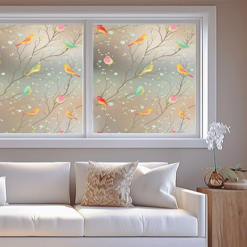 Stained Glass Window Film 80 x 420 cm, Non-Adhesive Cling Removable, Without Glue Or Residue, Static Clings Removable Film Anti UV with Toolkit for Office, Painted Bird