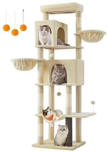 Feandrea Árbol Grande para Gatos, Torre para Arañar de 190,7 cm de Altura, Multinivel con 2 Cuevas, 2 Cestas, 5 Rascadores, Alfombra, Plataforma, Hamaca, Beige Arena PCT183Y01