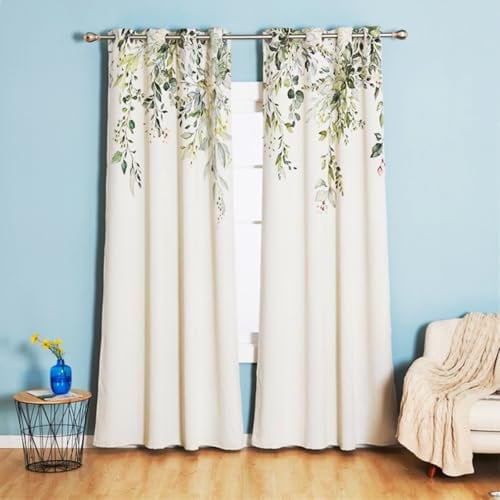 Tokusyou Grün Blätter Vorhang Blickdicht Gardinen mit Ösen Landhaus Verdunklungsvorhange Vintage Dekoschal Thermovorhang Kälteschutz Weiß für Schlafzimmer Fenster 2 Stücke Set 210×132cm(H×B)