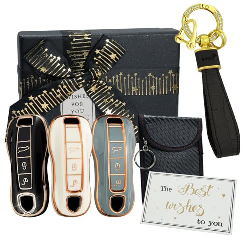 ontto TPU Autoschlüssel Hülle Schlüsselhülle Passt für Porsche 911 Cayenne Panamera Carrera Taycan 2019-2024 3 Tasten Schlüsselgehäuse Schlüsselanhänger mit Autoschlüssel Signalblocker Tasche-Typ B