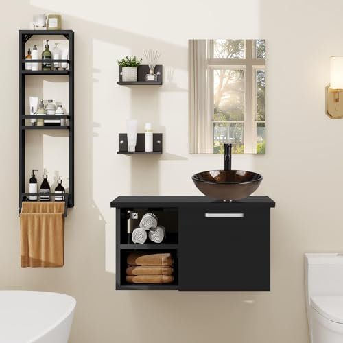 YU YUSING Ensemble de Meubles de Salle de Bain avec Lavabo Miroir et Porte-Serviette, 3 Étagères Murale, Armoire Meuble de Rangement, Vasque à Poser, Ensemble de Robinets (Rond Marron)