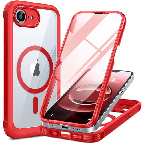 Miracase Magnetic Case for iPhone 16e Case 6.1-Inch 2025, [Built-in 9H Tempered Glass Screen Protector] Full Body Bumper Shockproof with Clear Back Cover, Compatible with MagSafe (Red)