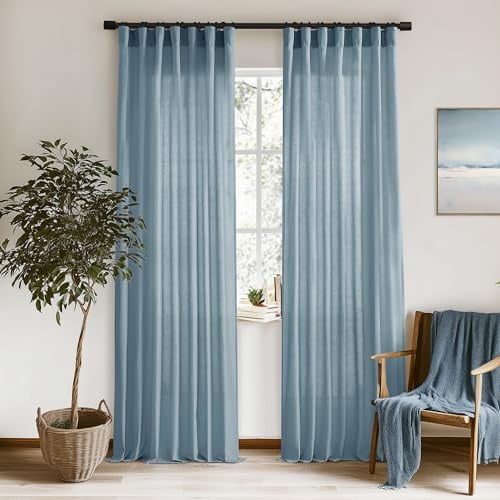 XTMYI Vorhänge für Wohnzimmer, Lichtfilterung, Landhausstil, Vintage-Haken, Plissierte Rückenlasche, halbtransparente Leinen-Vorhänge für Schlafzimmer, 2 Bahnen, 229 cm, Graublau