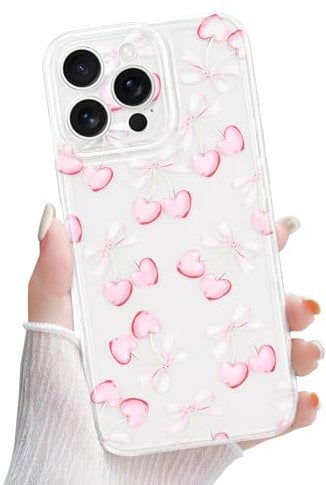 Newseego Clear Case for iPhone 16 Pro Max, Cute Aesthetic Stylish Pink Heart Shape Cherry & Ribbon Bow Pattern Phone Cover for Girls Women Thin Soft TPU Shockproof Phone Case for iPhone 16 Pro Max