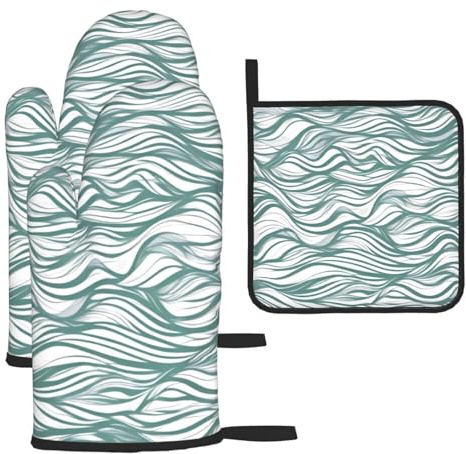Juego de 3 guantes de horno ondulados verdes y soportes para ollas, resistentes al calor y aislados, guantes de cocina para cocinar.