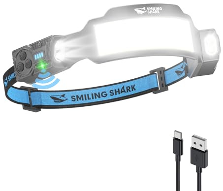Smiling Shark TS-6 Kopflampe, LED Stirnlampe Aufladbar 2400mAh mit Schwenkbares Dual-Spotlight & 6x Floodlight & Strobe mit Bewegungssensor Hands-Free Design für Camping Joggen Wandern Laufen (1 Pack)