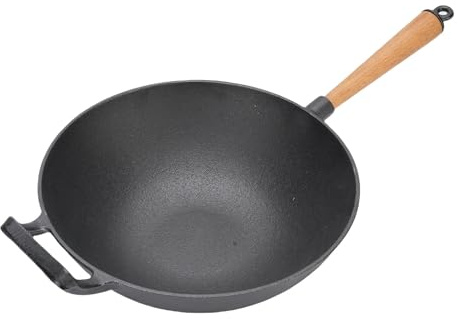 Luocute Gusseisen -Wok -Pfanne, 14,2 Zoll Große Rührpfanne mit Holzgriff für Gasinduktion Elektrischer Herd Im Freien Im Freien