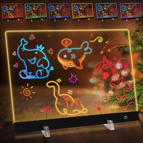 Tableau Lumineux, 35x25cm Tableau Acrylique Lumineuse Message LED | 5 Modes & 6 Colorés Tableaux Magique, Tablette lumineuse Dessin, Tablette D'écriture avec 7 Stylos Colorés/Chaîne/Support