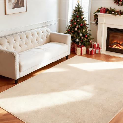 Wohnzimmerteppich, Kurzflor Teppiche Wohnzimmer Deko Flauschiger Weich Waschbarer & Anti-Rutsch Modern Einfarbiges Teppich für Schlafzimmer, Kinderzimmer, Bettvorleger Matte, 160x220cm, Beige