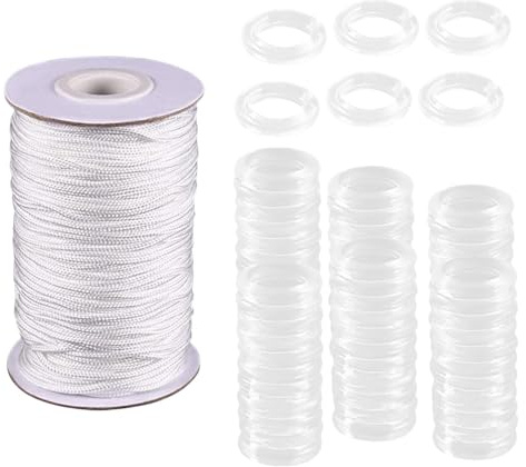Folpus 55 Yards Raffrollo-Kordel, DIY-Zubehör, weißer Ersatzfaden mit 100 transparenten Ringen für DIY-Projekte, Basteln