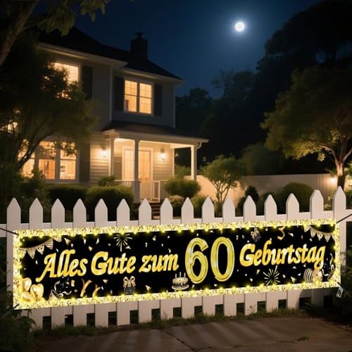 Seutgjie 60. Geburtstag Deko Geburtstagsbanner mit LED Licht 40 * 270CM | Banner 60 Geburtstag Frau Mann Hintergrund Dekoration Gold Schwarz