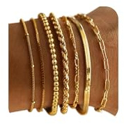 TINGN 7Pcs Gold Tone Bracelets for Women 14K Gold Plated Beaded Bracelets Set Rope Paperclip Chain Stackable Bracelet Non Tarnish Friendship Birthday Jewellery