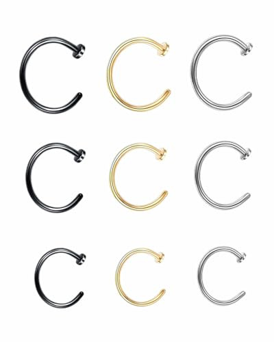 MenYiYDS 9 pièces Titane Faux Piercing Nez Anneaux Septum Piercing Oreille Cartilage Helix Piercing Anneaux de Tragus 6MM/8MM/10MM Argent Or Noir Hypoallergénique Faux Anneau Nez Piercing