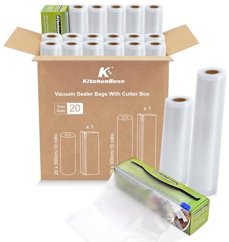 KitchenBoss 20 Rouleaux Sacs Sous Vide Alimentaire：Rouleau Sous Vide Alimentaire avec 2 Boîtes de Coupe, 20/28 x 300 cm (10 Pcs Chacun), Sachet Sous Vide Alimentaire Commerciaux pour Machine Sous Vide