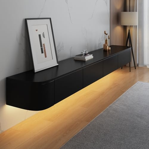 Aipunlus Wall Mounted TV Unit, Floating TV Stand Cabinet, Black Floating TV Cabinet with Doors in Media Wall Unit, Entertainment Storage TV Console for Living Room and Office (Black-LED, 140cm)