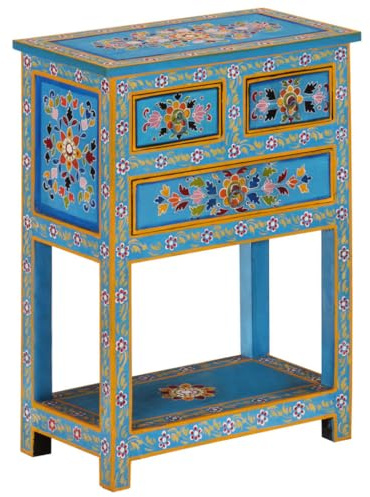 Qnhdfrt Sideboard Türkis 55x30x76 cm aus massivem Mangoholz handbemalt 3 Schubladen Wohnzimmerschrank mit Ablage für Küche Flur und Schlafzimmer