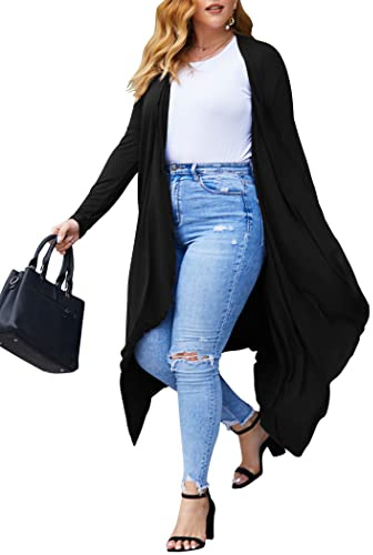 IN'VOLAND Women's Plus Size Cardigan Long Sleeve Waterfall Drape Open Black