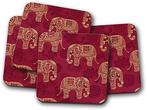4 Set - Red Elephant Print Coaster - Indian India Mum Gold Auntie Fun Gift #8856